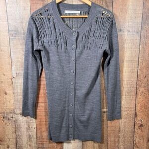 Susana Monaco Slashed Wool Long Cardigan XS Grey Minimalist Luxe Distressed